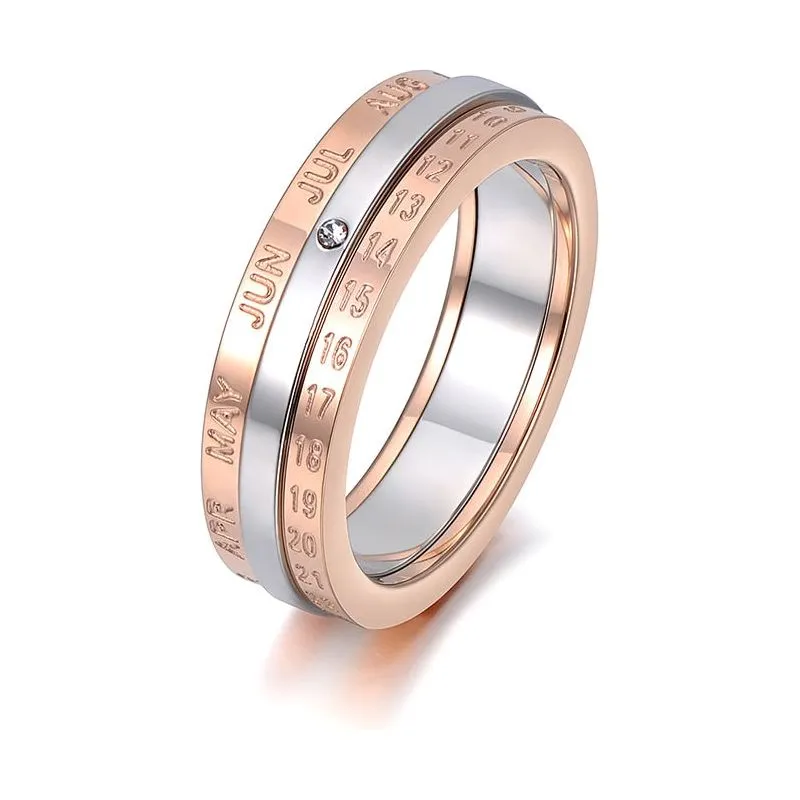 Fashion Rotatable Ring Rose Gold Color Monthly Calendar Jewelry With Single Cystal Stainless Steel Ring For Women R18133