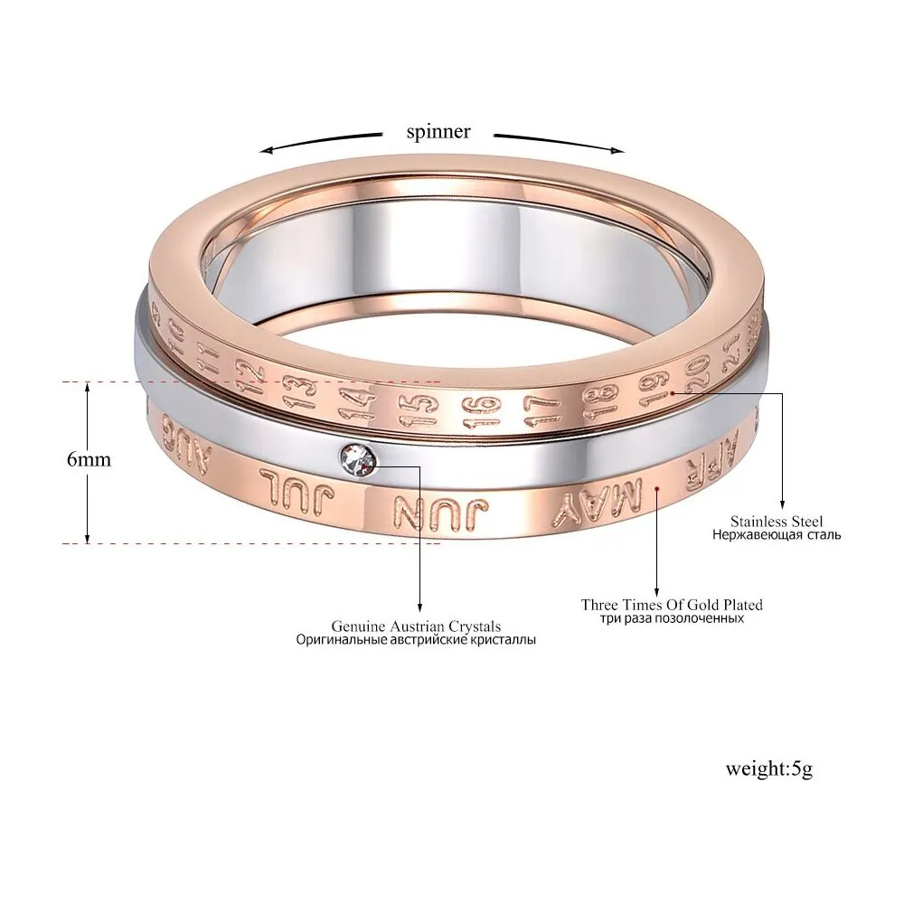 Fashion Rotatable Ring Rose Gold Color Monthly Calendar Jewelry With Single Cystal Stainless Steel Ring For Women R18133
