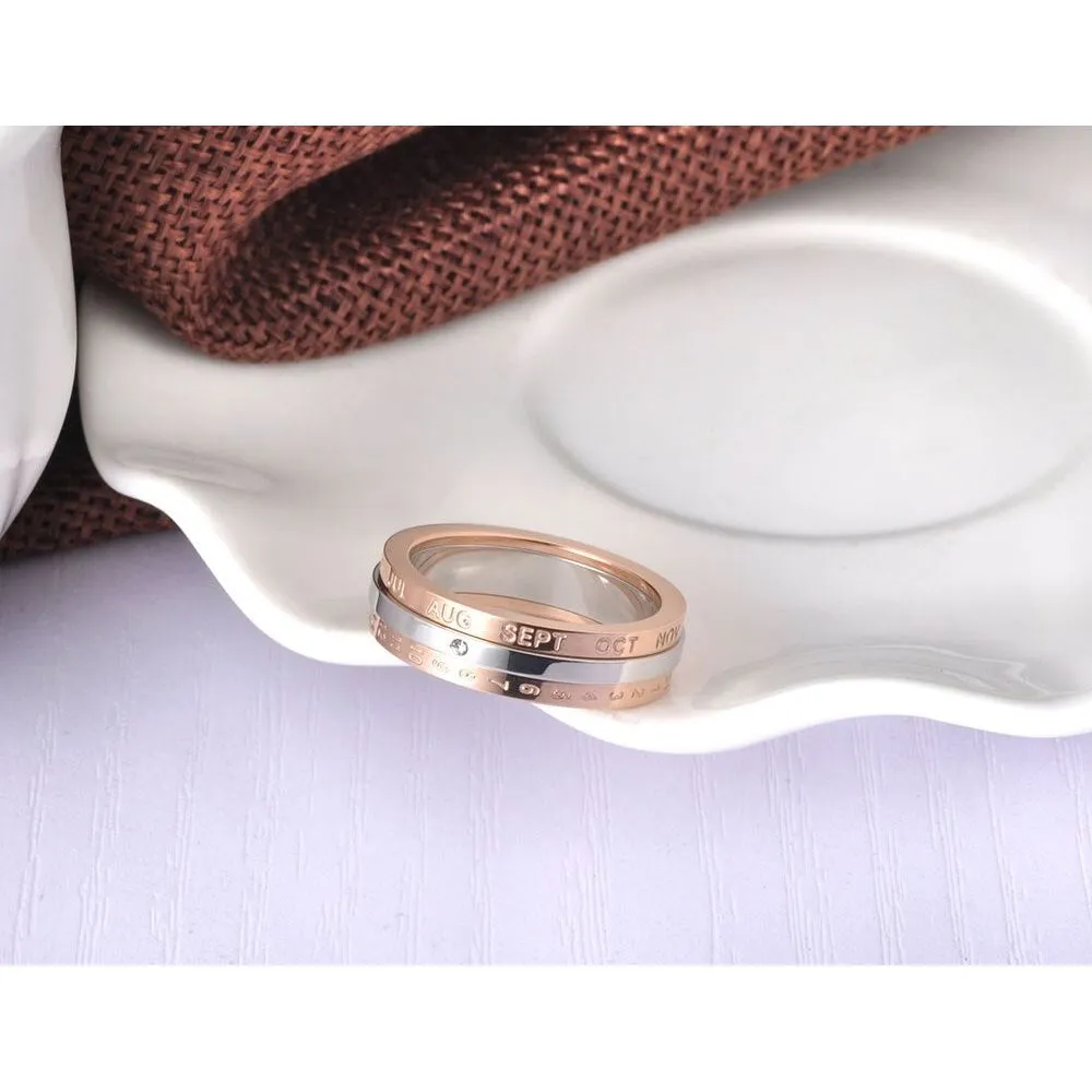 Fashion Rotatable Ring Rose Gold Color Monthly Calendar Jewelry With Single Cystal Stainless Steel Ring For Women R18133
