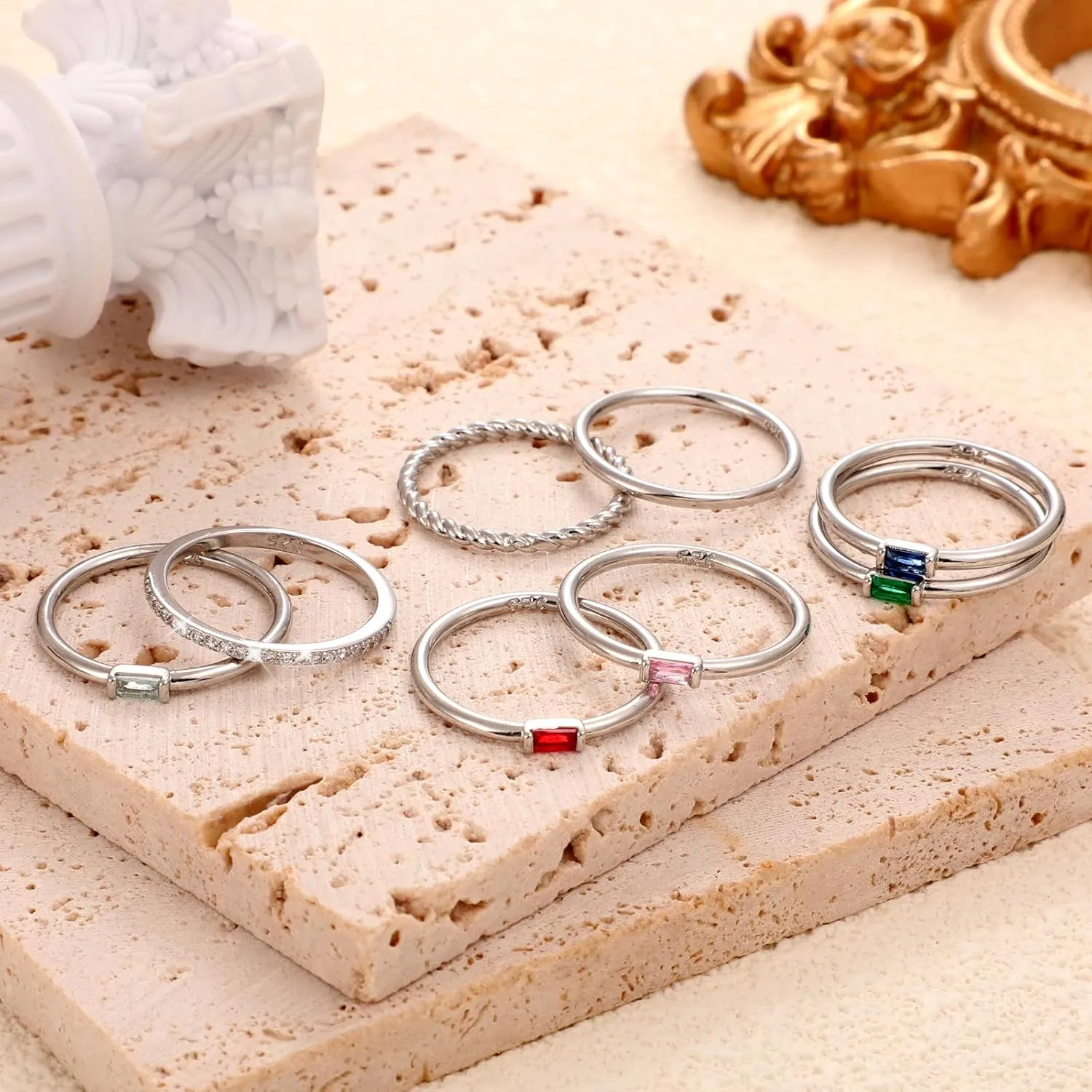 Gold Stackable Birthstone Rings for Women - Non Tarnish 14K Gold Plated Dainty Ring - Engagement Wedding Promise Rings Gemstone Rings for Birthday Jewelry Gifts Size 6-10