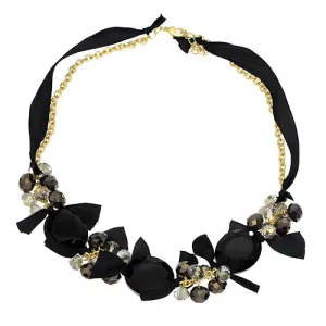 Handmade Crystal Satin Ribbon Bow Necklace Black