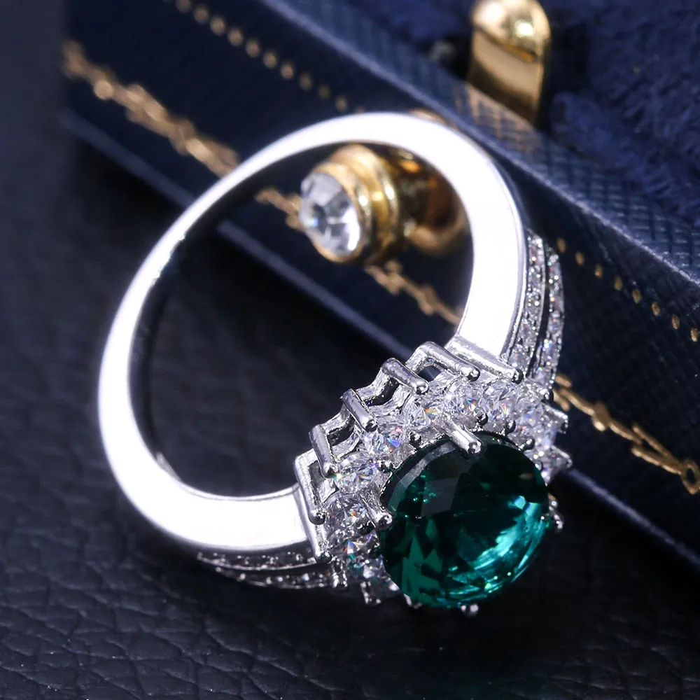 Huitan Romantic Plant Series Wedding Rings  / Luxury Flower Shaped Vintage Euro Style Engagement Ring With Bright Green Stone