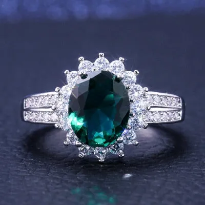 Huitan Romantic Plant Series Wedding Rings  / Luxury Flower Shaped Vintage Euro Style Engagement Ring With Bright Green Stone