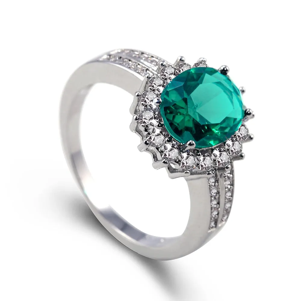 Huitan Romantic Plant Series Wedding Rings  / Luxury Flower Shaped Vintage Euro Style Engagement Ring With Bright Green Stone