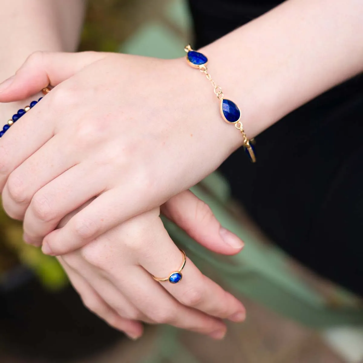 Lapis Gem Stone Ring Size 17 In Gold-Tone