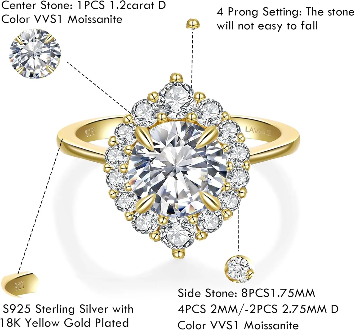 LAVALE Moissanite Rings for Women, 1.2/2 CT D Color VVS1 Lab Created Diamond Engagement Rings 18K White Yellow Gold Vermeil Knife Edge 925 Sterling Silver Promise Rings for Her Wedding Gifts
