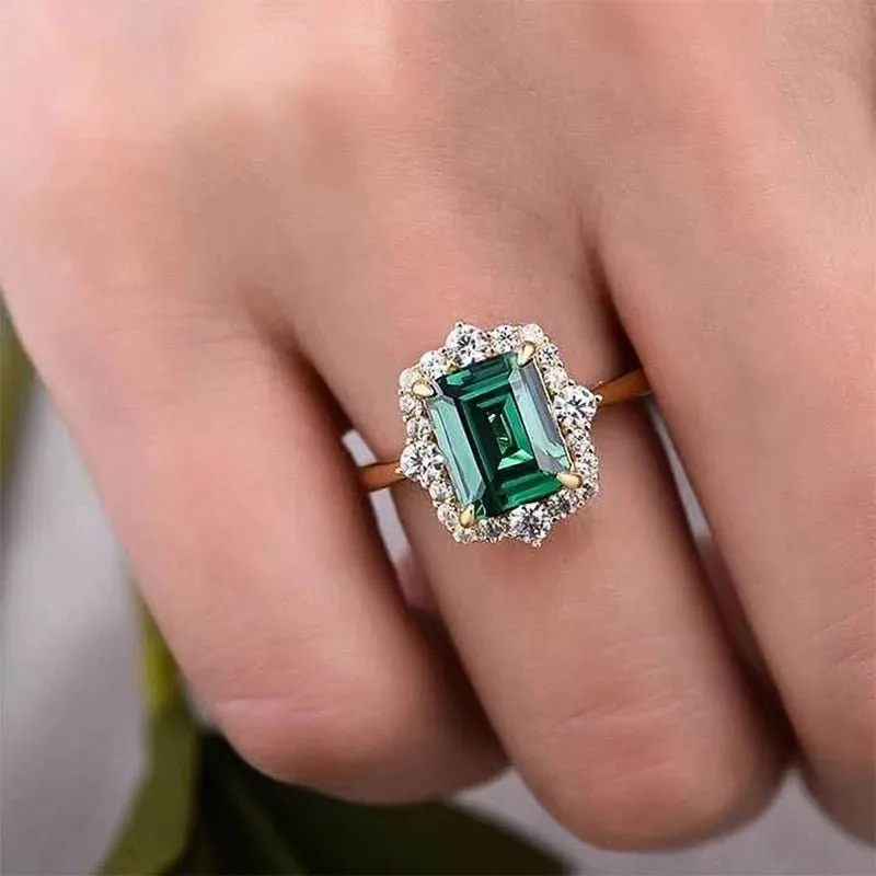Luxury Square Green Emerald Rings Wedding for Women Jewelry