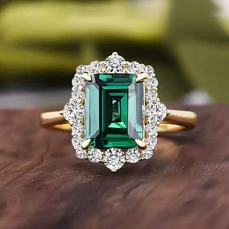Luxury Square Green Emerald Rings Wedding for Women Jewelry