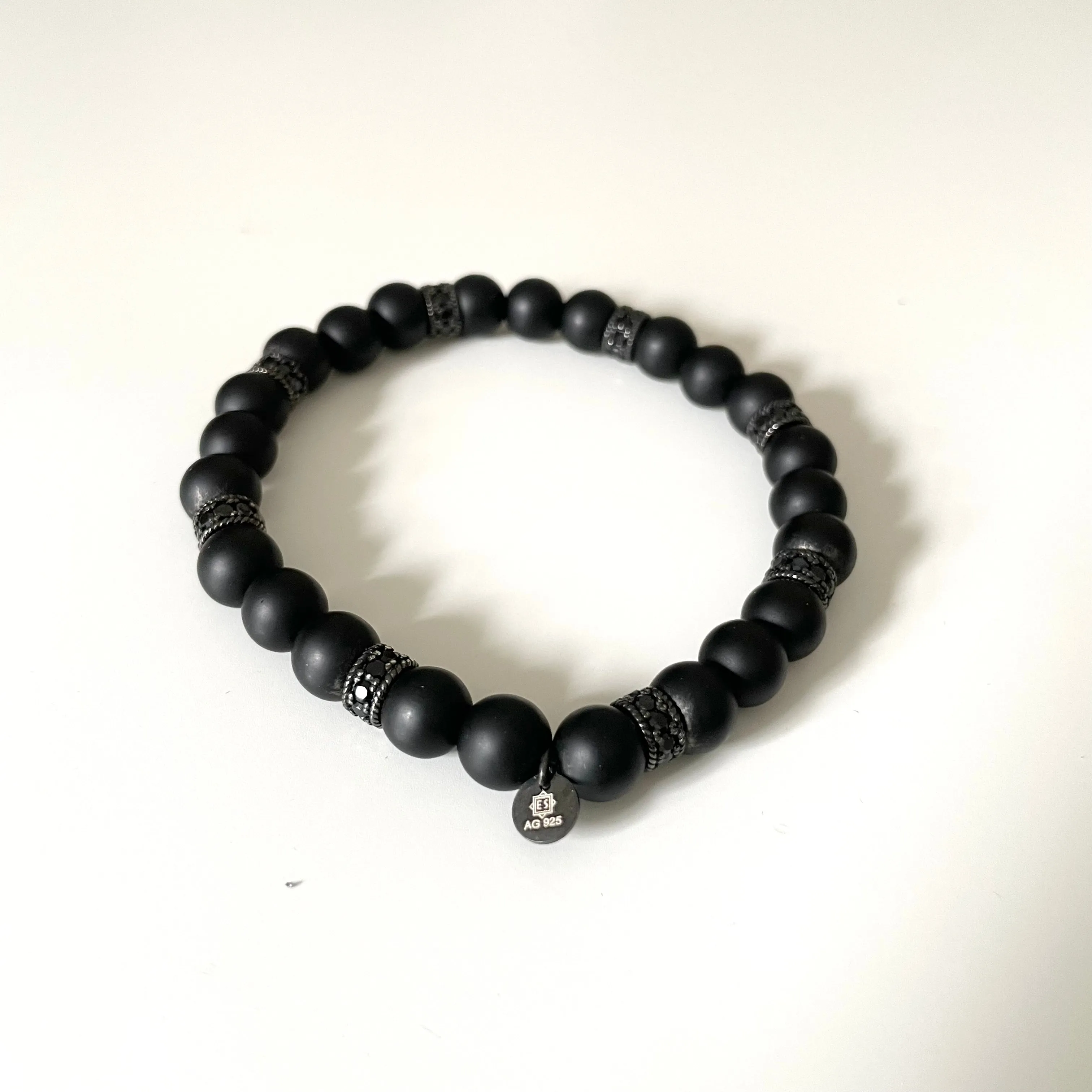 Matte Black Onyx Bead Bracelet with Zirconia Faceted Ruthenium-Plated Spacers