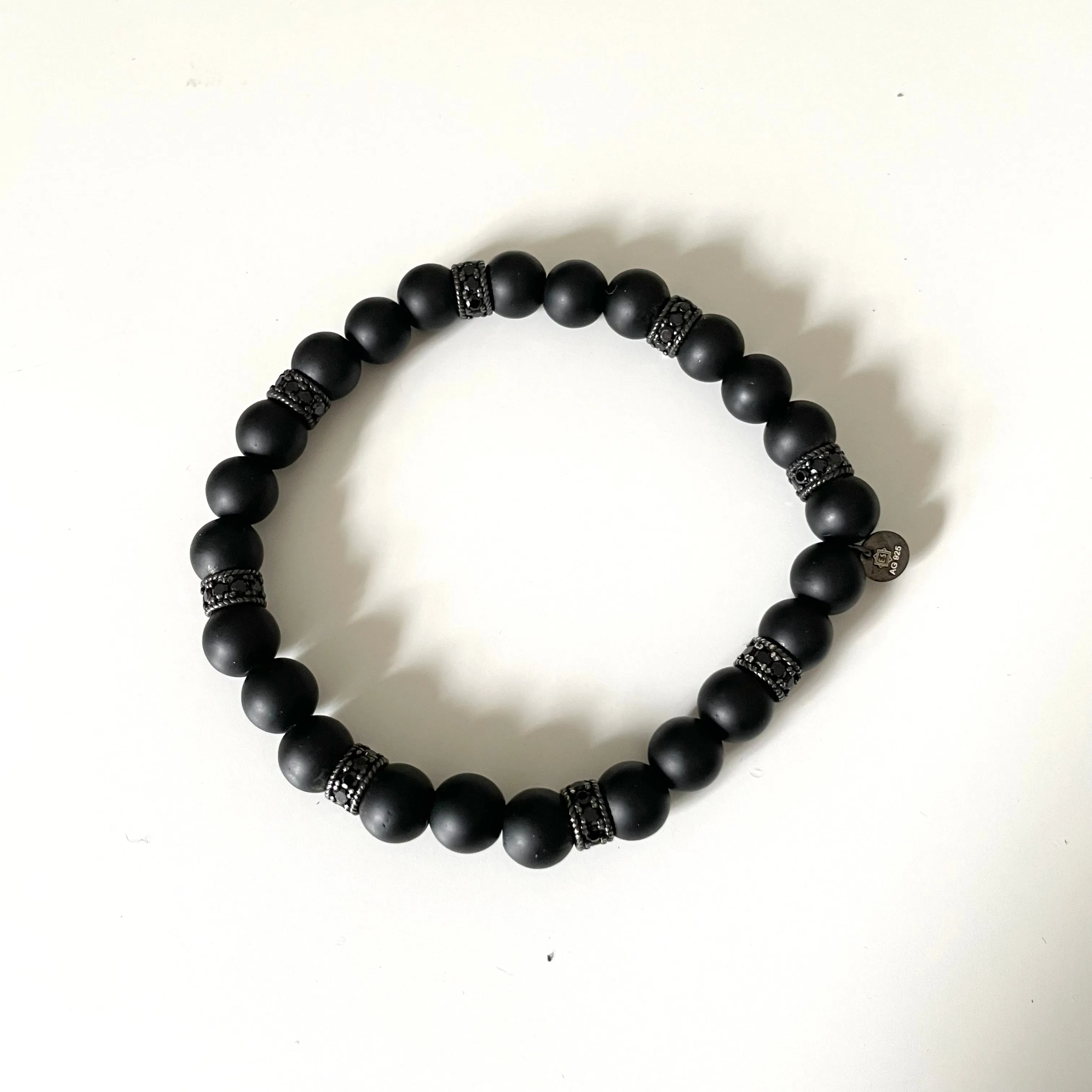 Matte Black Onyx Bead Bracelet with Zirconia Faceted Ruthenium-Plated Spacers