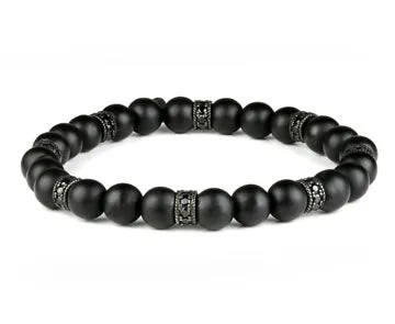 Matte Black Onyx Bead Bracelet with Zirconia Faceted Ruthenium-Plated Spacers