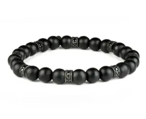 Matte Black Onyx Bead Bracelet with Zirconia Faceted Ruthenium-Plated Spacers