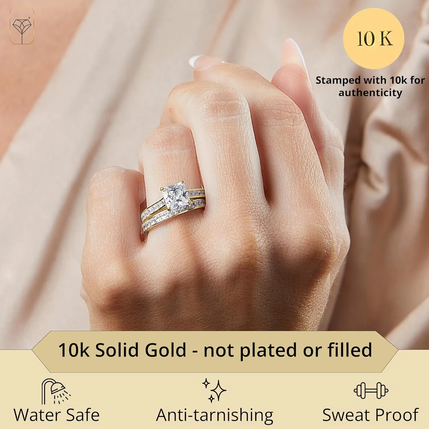 MAX   STONE 10K Gold 3.0 Carat Princess Cut Cubic Zirconia Engagement Ring with Wedding Band Set | CZ Wedding Rings for Women in Size 4.5 to 9 with Gift Box