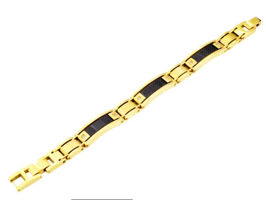 Men's Stainless Gold Plated Steel Bracelet W/ Carbon Fiber & Cz's