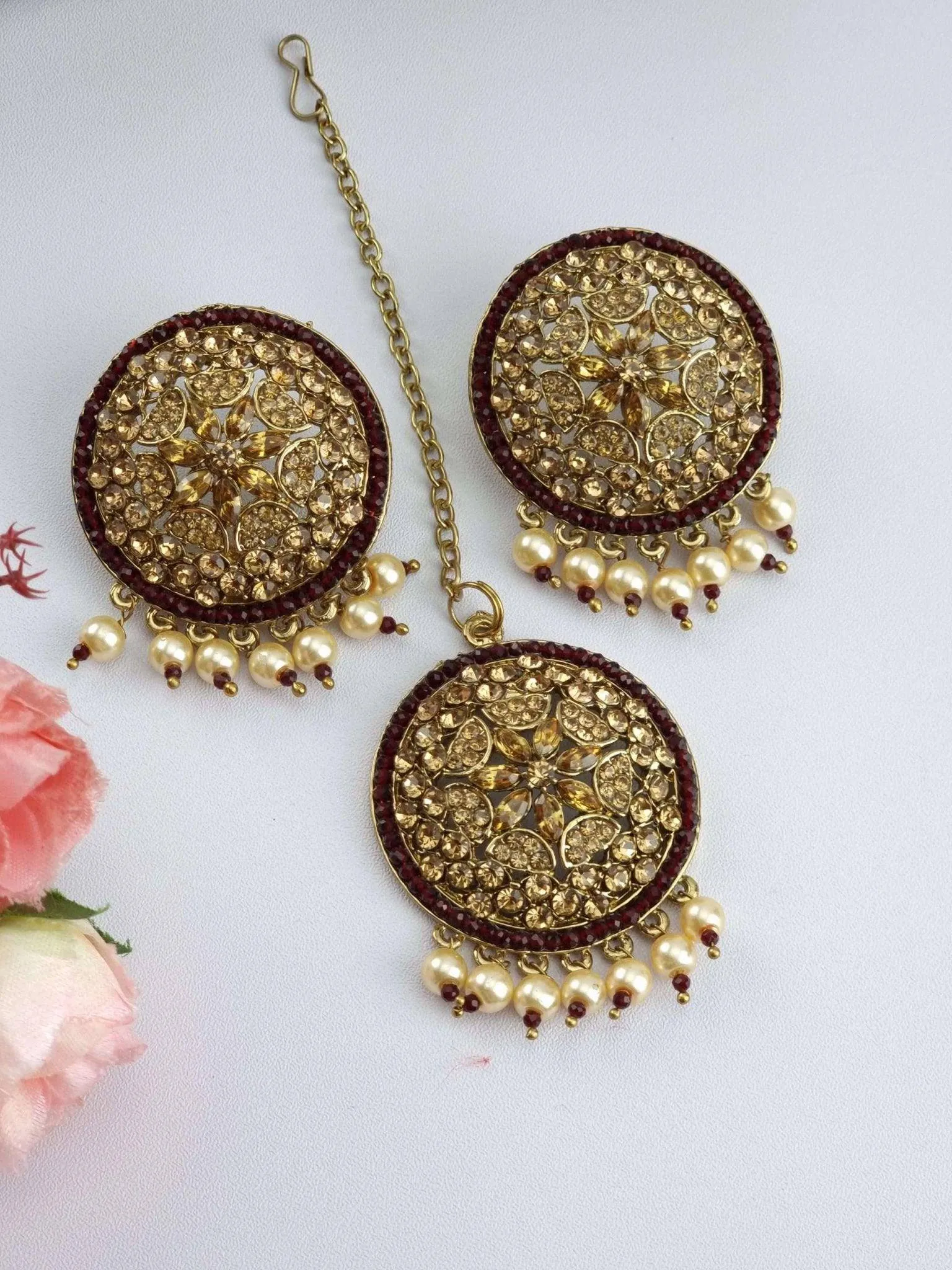 Polki Pearl intricate Stud Earrings Tikka Set
