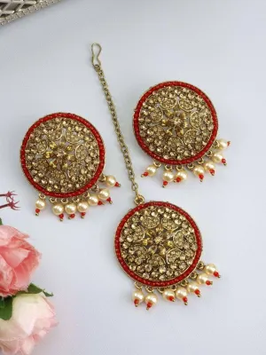 Polki Pearl intricate Stud Earrings Tikka Set