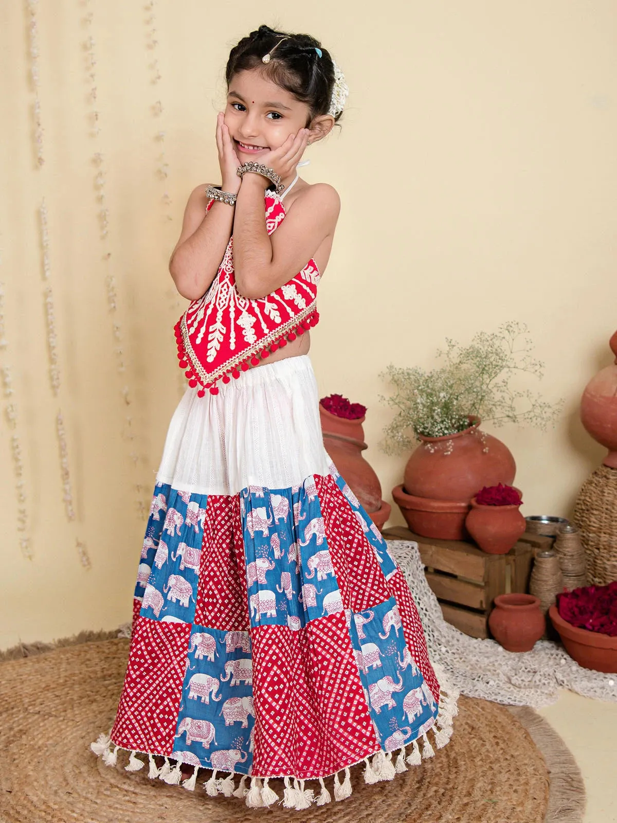 Red Elephant Checkered Wedding Lehenga Choli for Girls