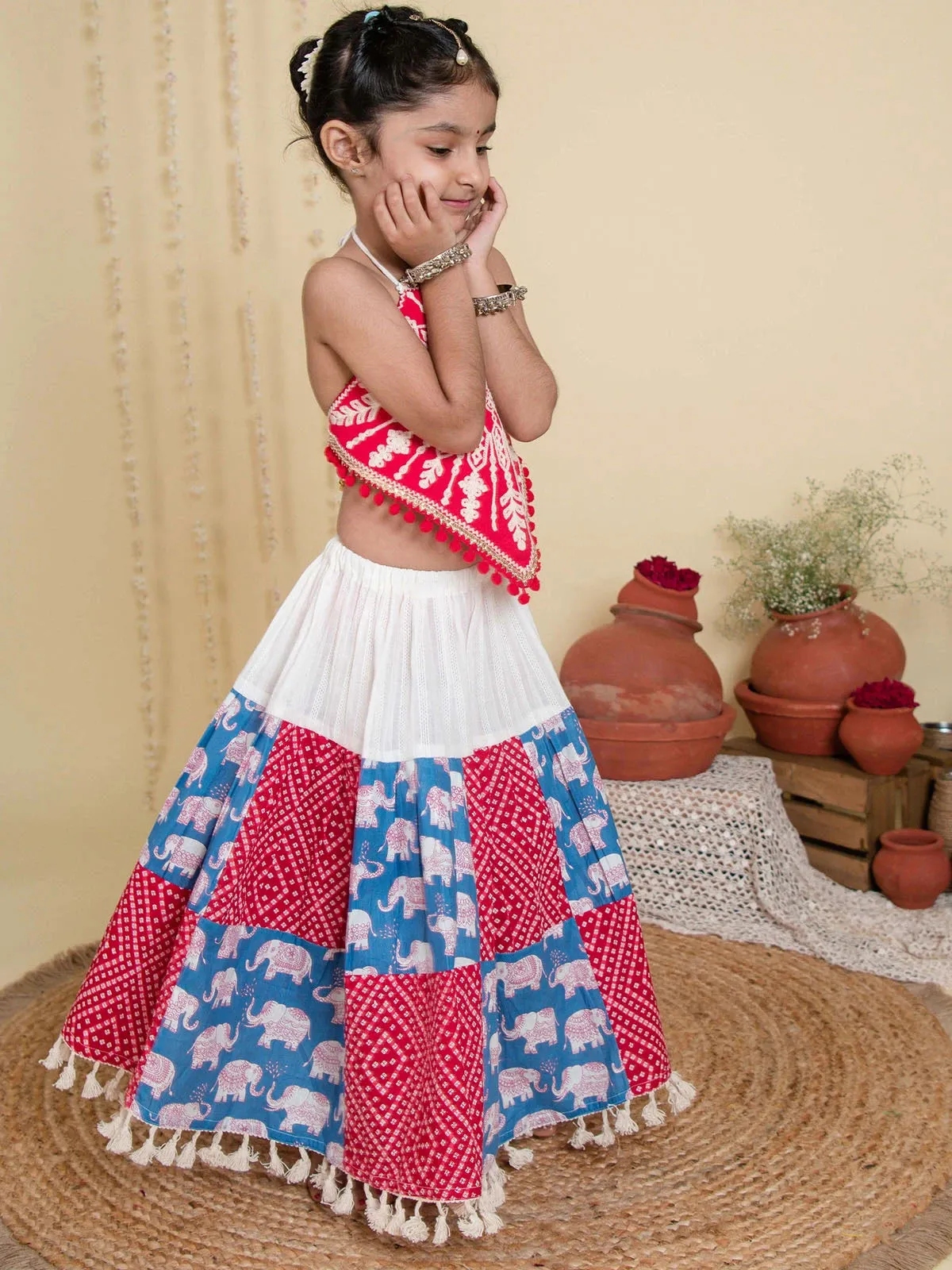 Red Elephant Checkered Wedding Lehenga Choli for Girls