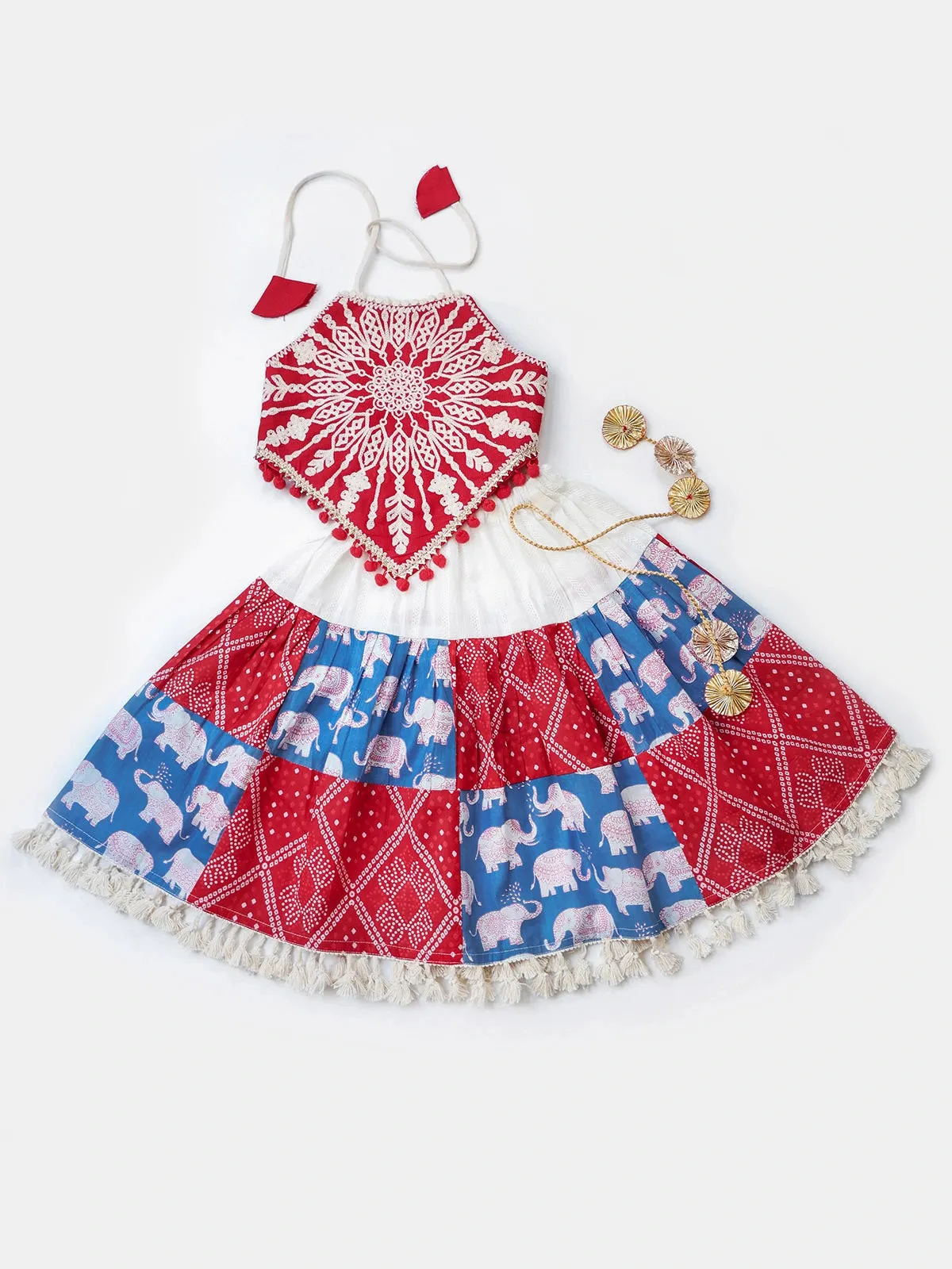 Red Elephant Checkered Wedding Lehenga Choli for Girls