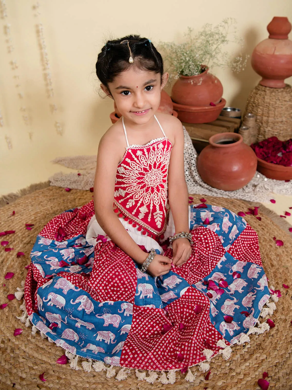 Red Elephant Checkered Wedding Lehenga Choli for Girls
