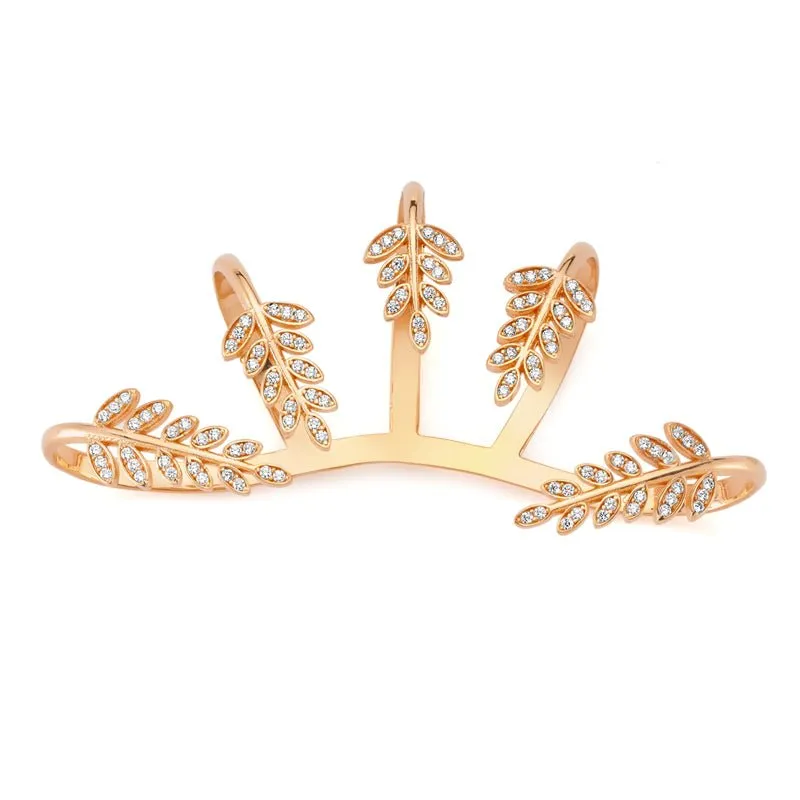 Silver Leaves Hand Palm Cuff bracelet in Rose Gold