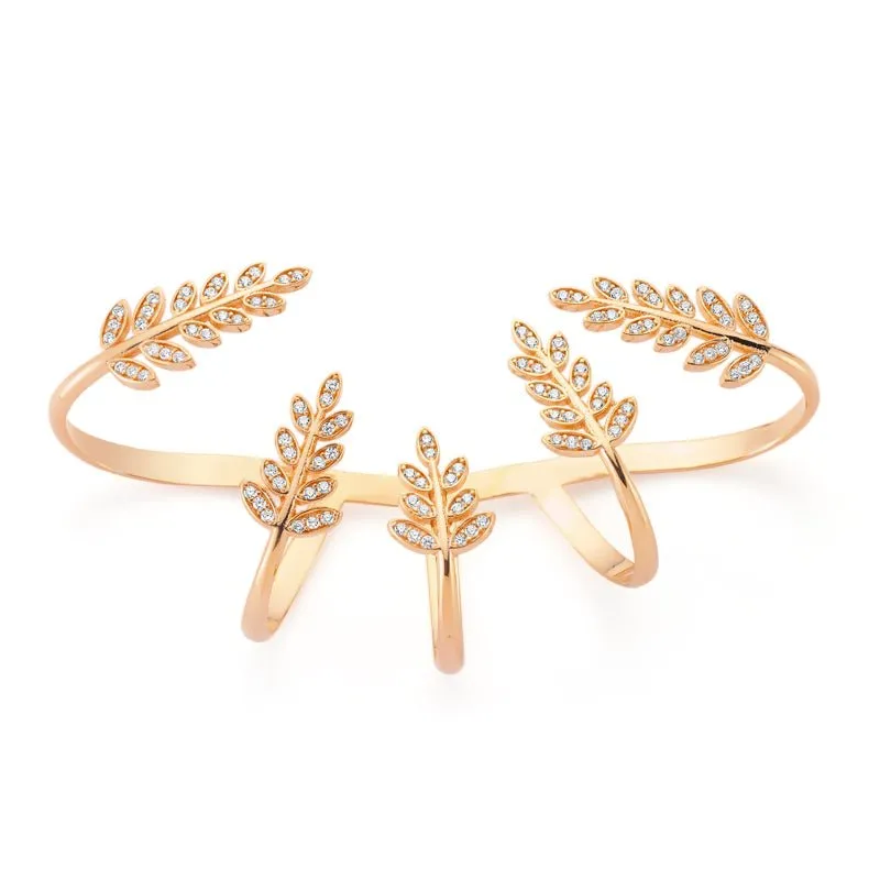 Silver Leaves Hand Palm Cuff bracelet in Rose Gold
