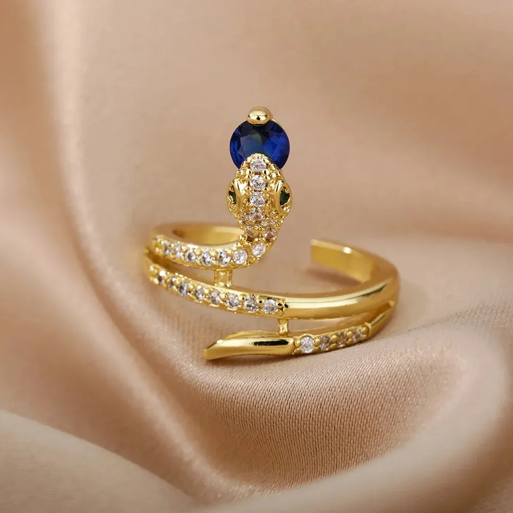 Stainless Steel Snake Rings For Women Men Gold Plated Open Adjustable Zircon Ring Vintage Gothic Aesthetic Jewelry anillos mujer