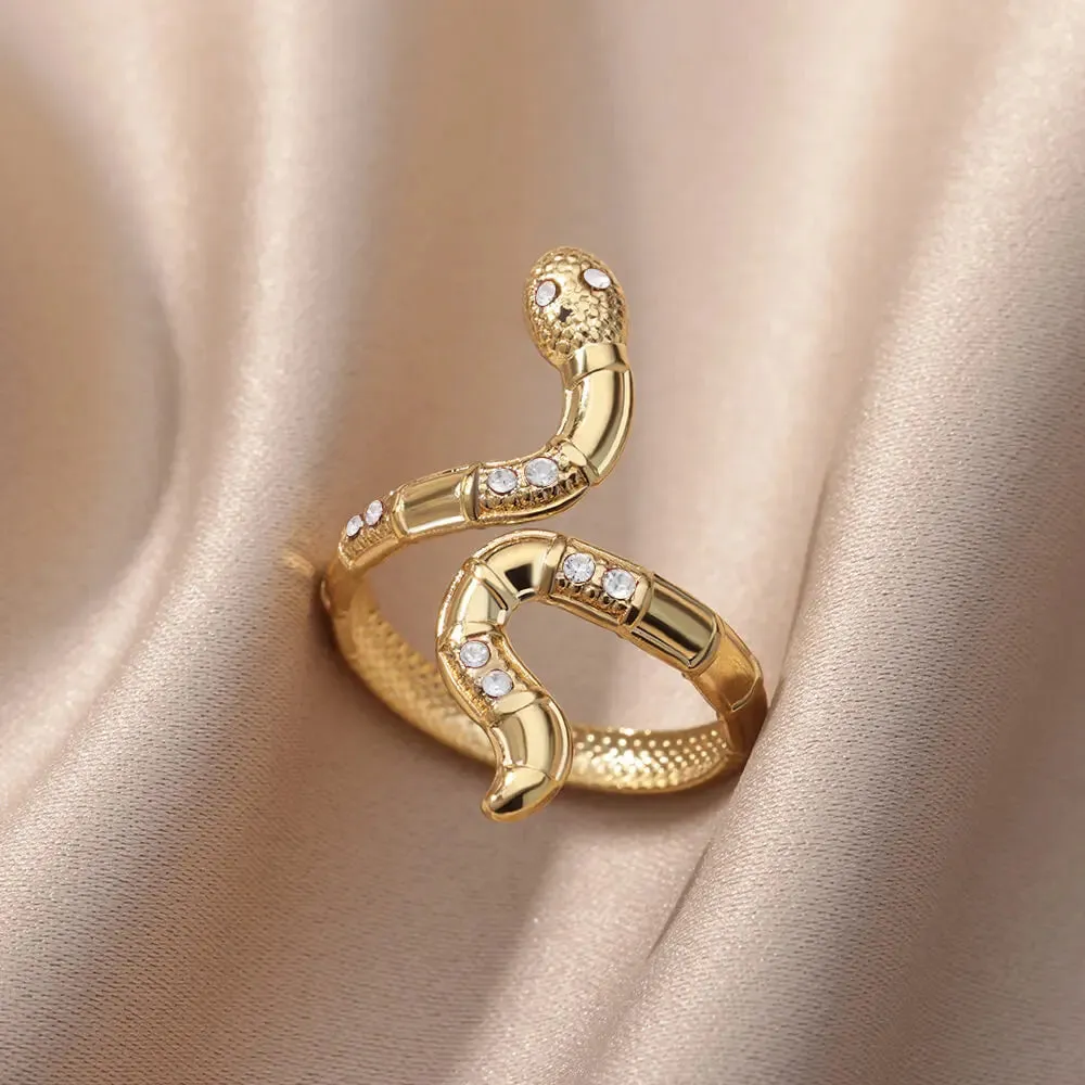 Stainless Steel Snake Rings For Women Men Gold Plated Open Adjustable Zircon Ring Vintage Gothic Aesthetic Jewelry anillos mujer