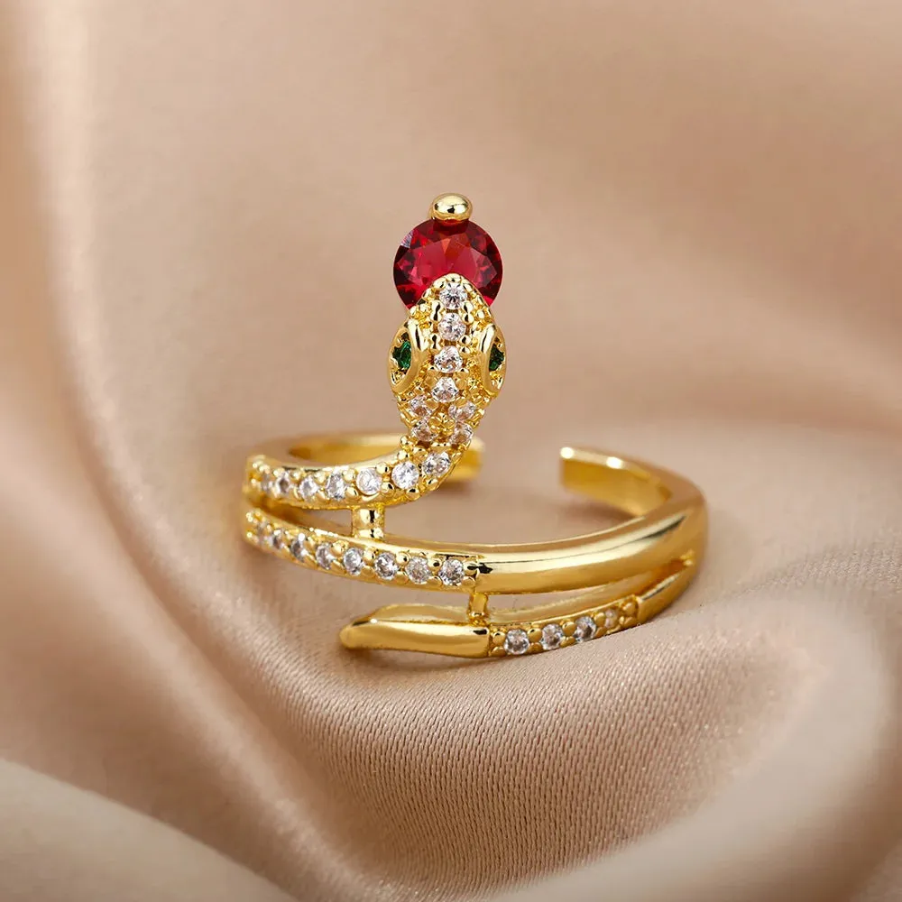 Stainless Steel Snake Rings For Women Men Gold Plated Open Adjustable Zircon Ring Vintage Gothic Aesthetic Jewelry anillos mujer
