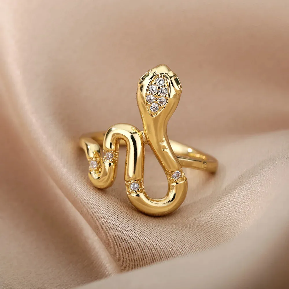 Stainless Steel Snake Rings For Women Men Gold Plated Open Adjustable Zircon Ring Vintage Gothic Aesthetic Jewelry anillos mujer