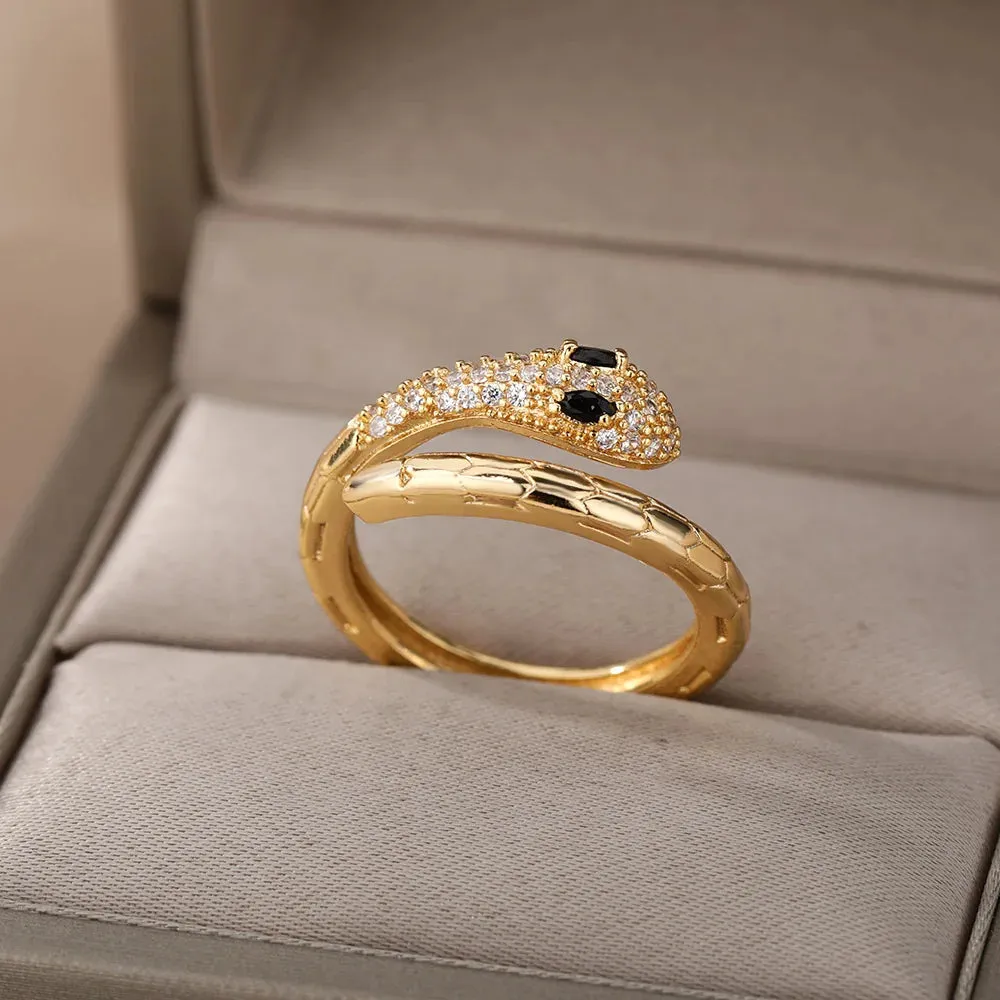 Stainless Steel Snake Rings For Women Men Gold Plated Open Adjustable Zircon Ring Vintage Gothic Aesthetic Jewelry anillos mujer