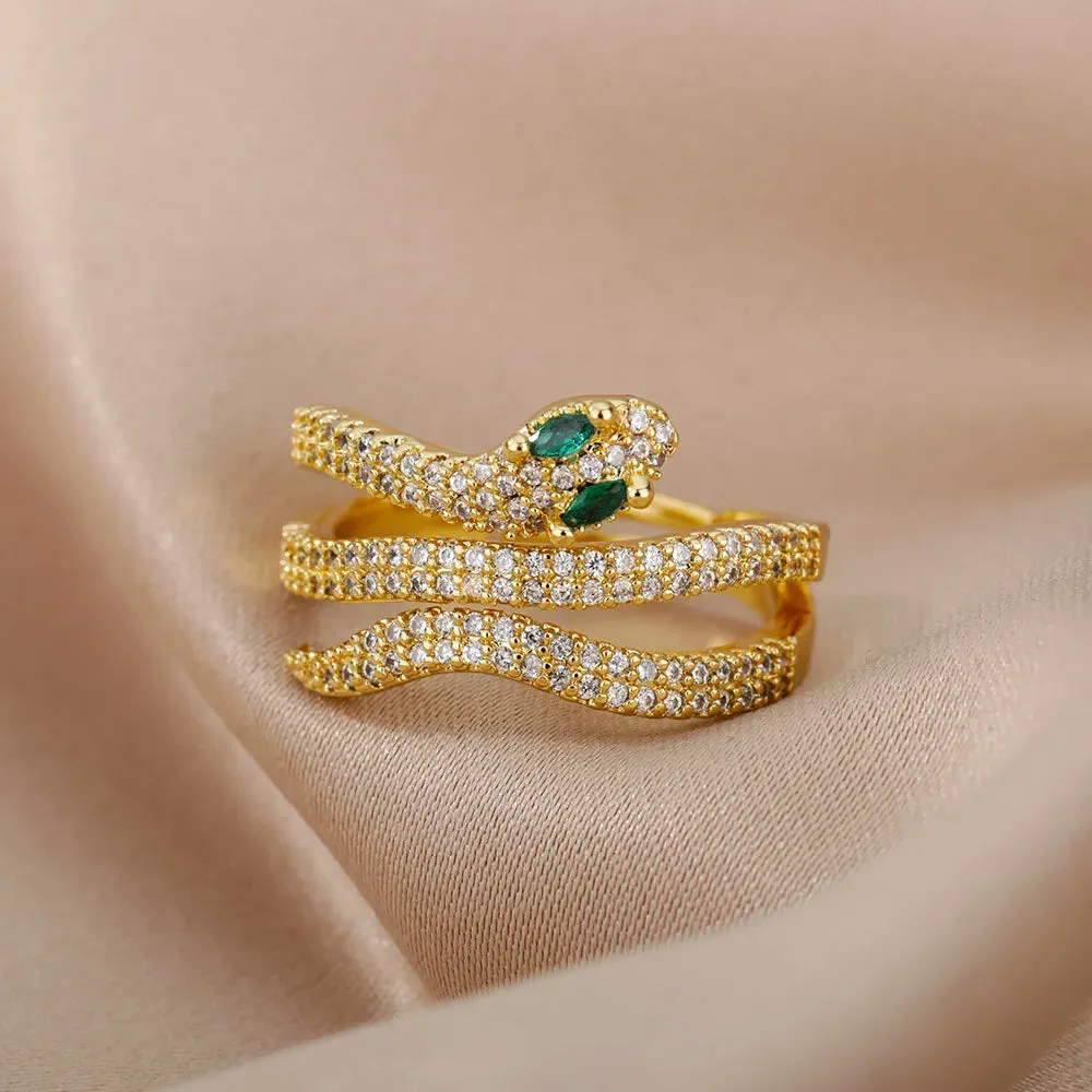 Stainless Steel Snake Rings For Women Men Gold Plated Open Adjustable Zircon Ring Vintage Gothic Aesthetic Jewelry anillos mujer