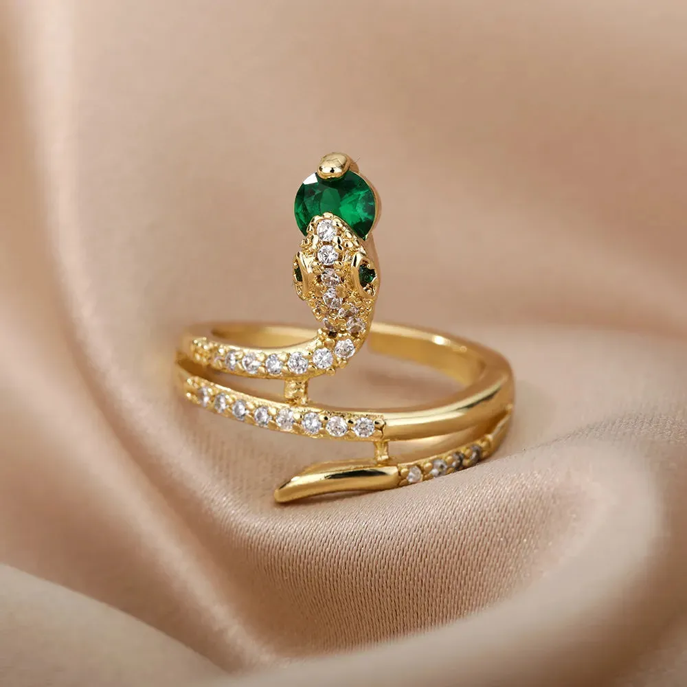 Stainless Steel Snake Rings For Women Men Gold Plated Open Adjustable Zircon Ring Vintage Gothic Aesthetic Jewelry anillos mujer