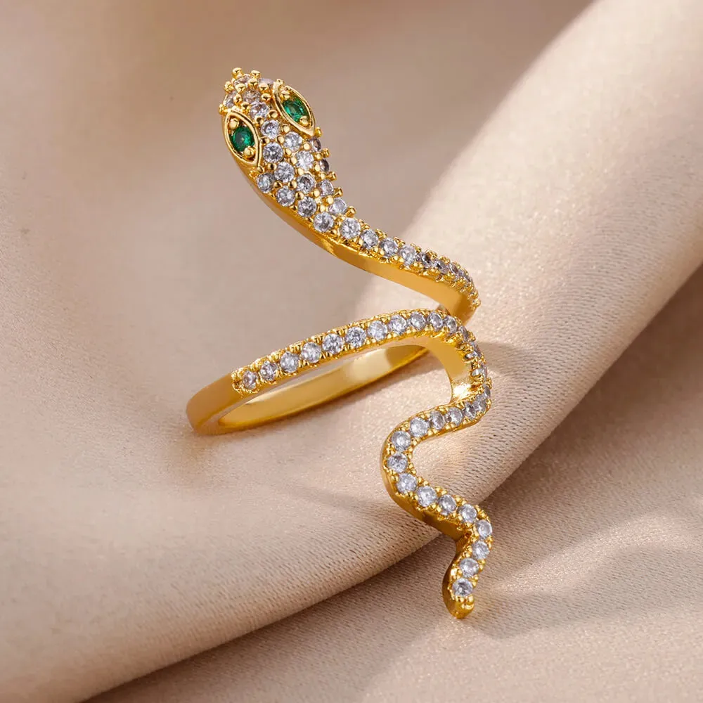 Stainless Steel Snake Rings For Women Men Gold Plated Open Adjustable Zircon Ring Vintage Gothic Aesthetic Jewelry anillos mujer