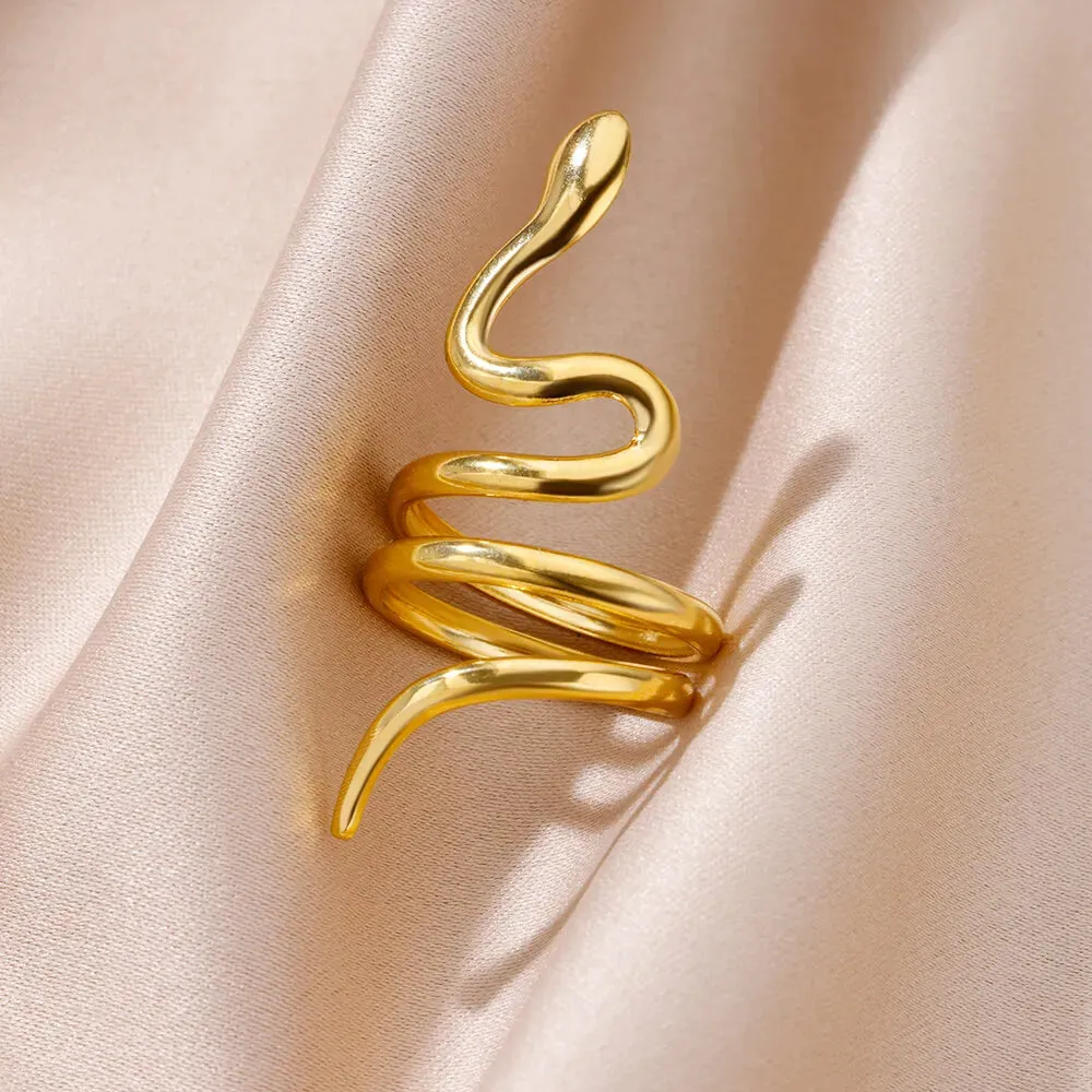 Stainless Steel Snake Rings For Women Men Gold Plated Open Adjustable Zircon Ring Vintage Gothic Aesthetic Jewelry anillos mujer