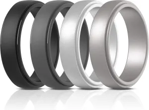 ThunderFit Silicone Rings for Men, Stepped Edge Rubber Wedding Bands - 1/4 Variety Multipack