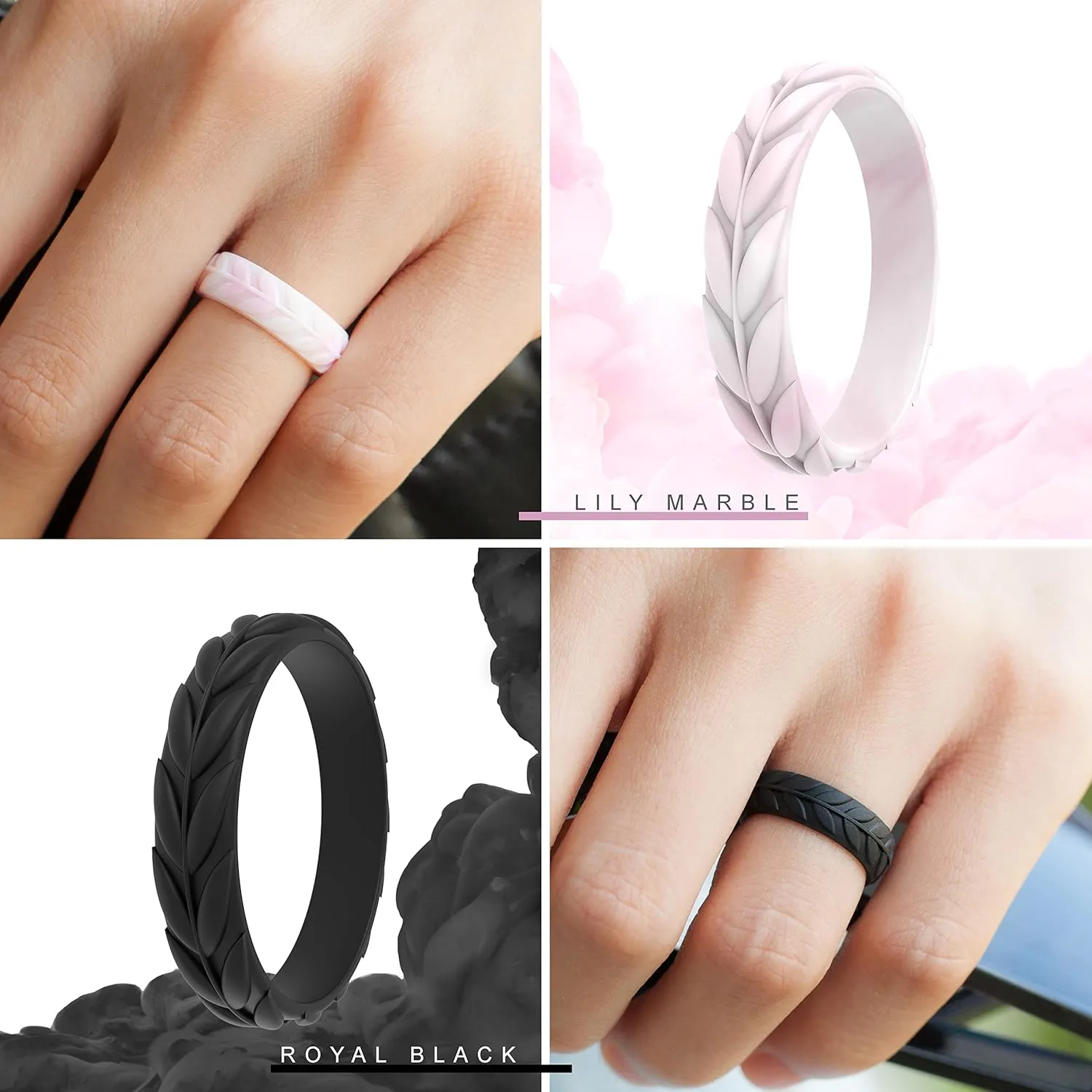 ThunderFit Silicone Wedding Rings for Women, Leaf Design Rubber Engagement Bands 5.2mm Wide 2mm Thick - 1/4/7 Variety Multipack