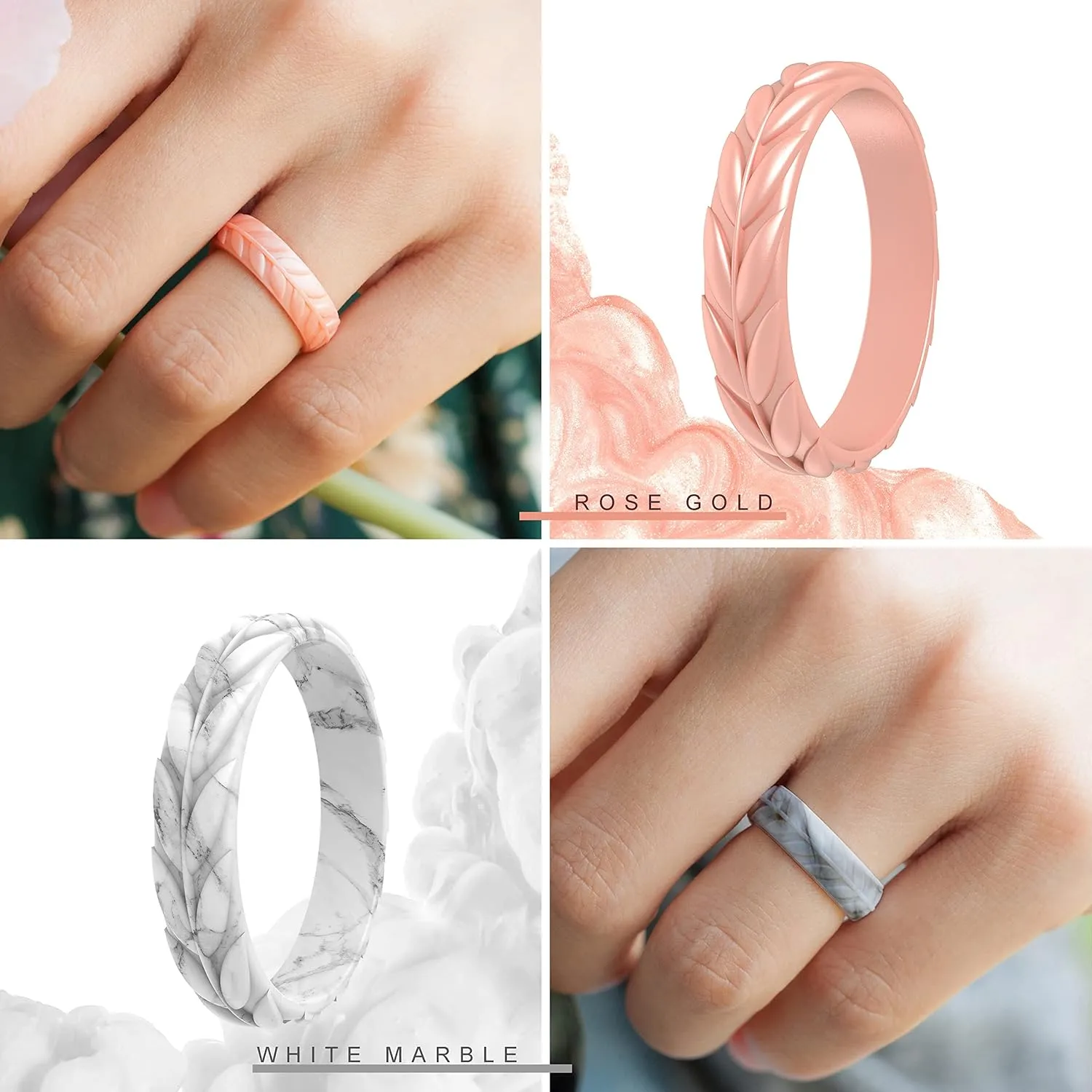 ThunderFit Silicone Wedding Rings for Women, Leaf Design Rubber Engagement Bands 5.2mm Wide 2mm Thick - 1/4/7 Variety Multipack