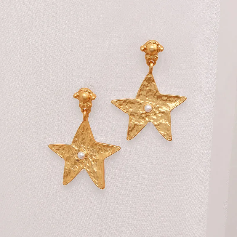 VAIGE Vintage Gold Matte Star Drop Earrings in 925 Silver
