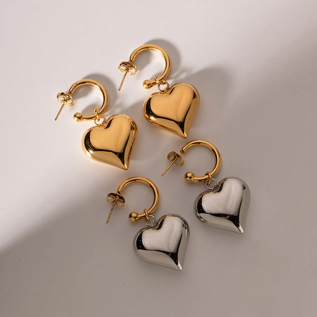 Versatile Enchanting Love Puffed Heart Valentine Dangle Hoop Earrings