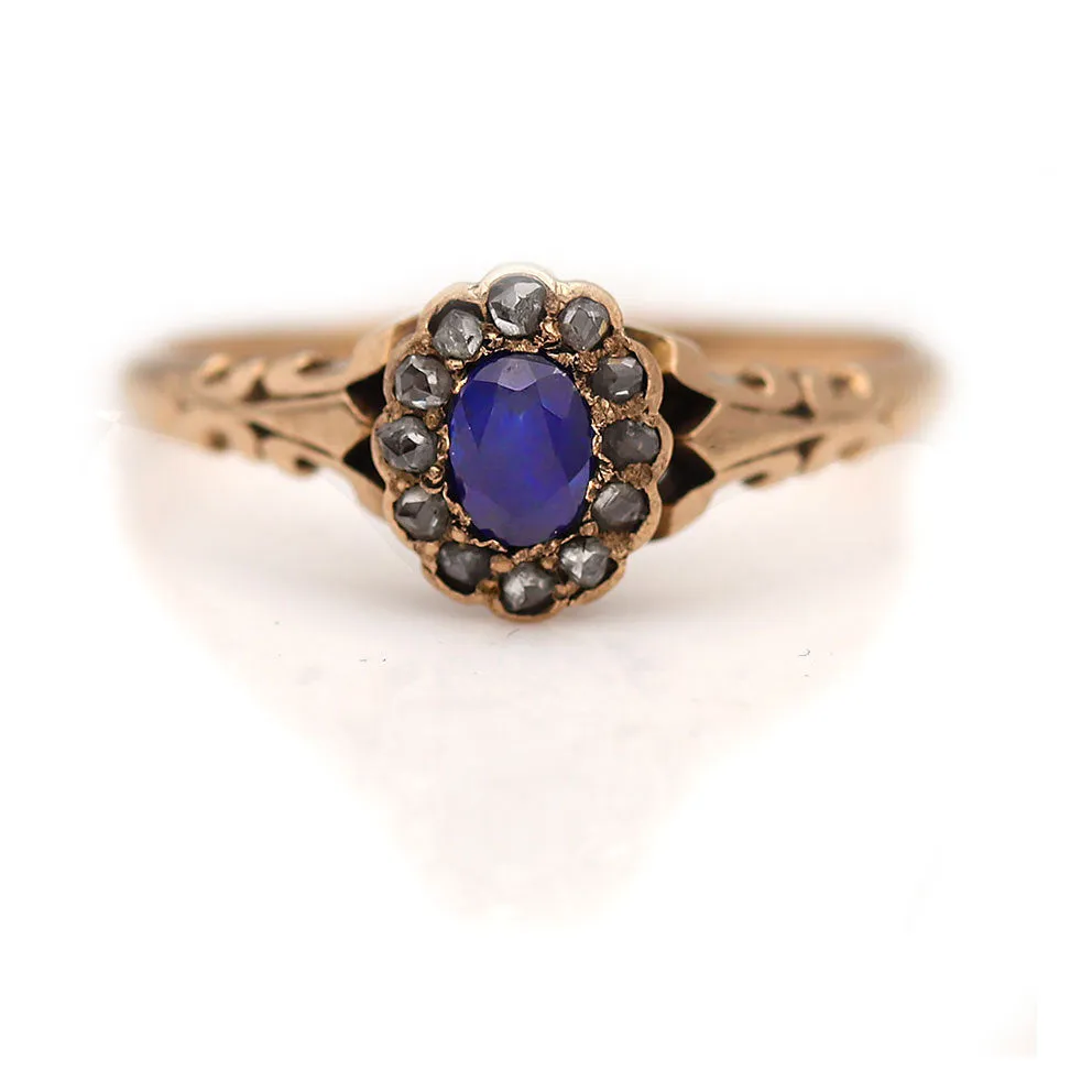 Victorian Oval Sapphire and Rose Cut Diamond Halo Engagement Ring