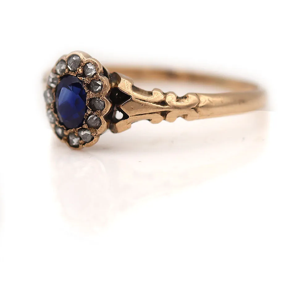 Victorian Oval Sapphire and Rose Cut Diamond Halo Engagement Ring