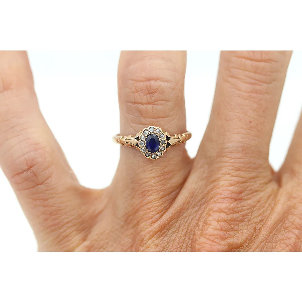 Victorian Oval Sapphire and Rose Cut Diamond Halo Engagement Ring