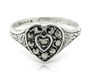 Vintage 1930s Silver Marcasite Heart Ring