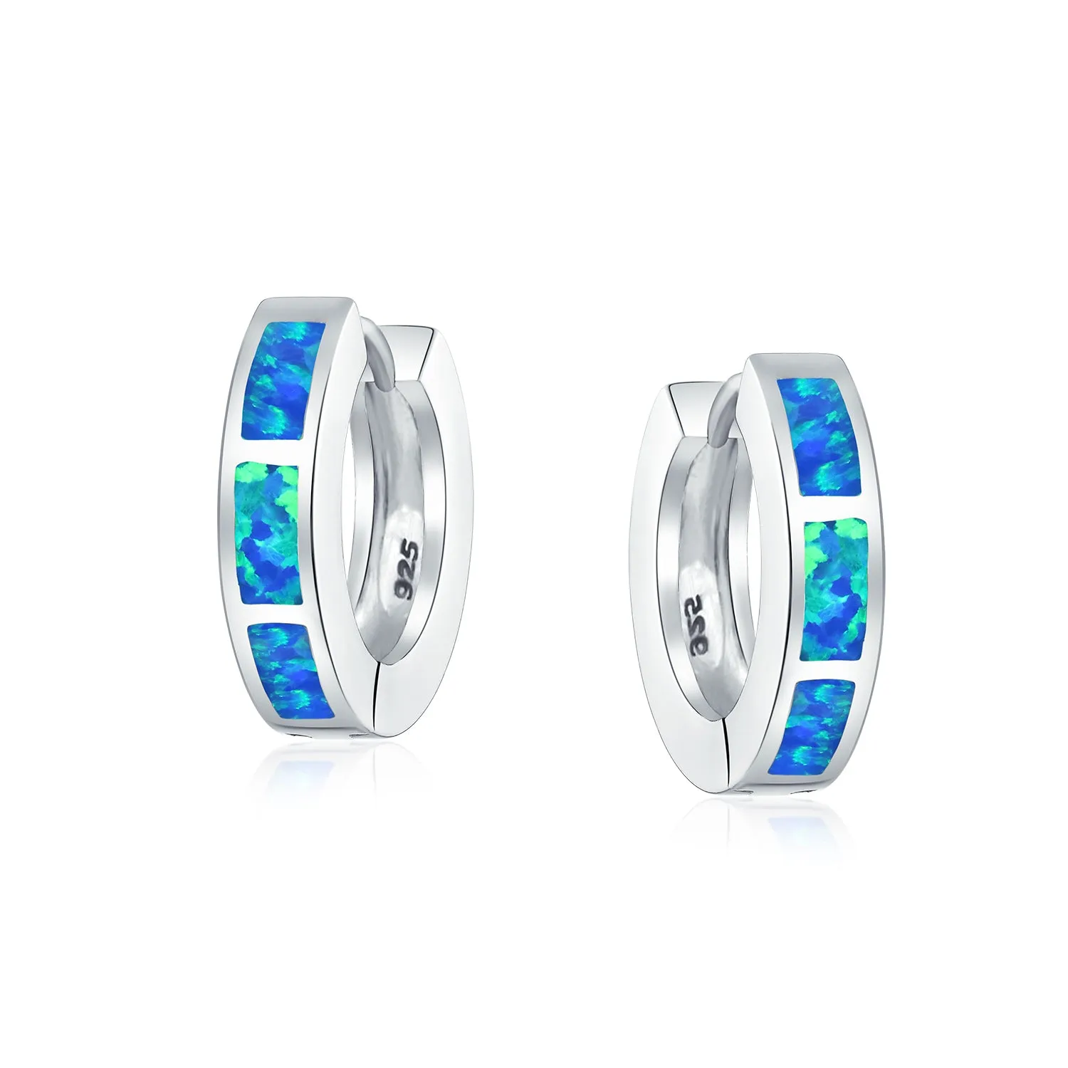 White & Blue Opal Inlay Hoop Huggie Earrings Rose Gold Sterling Silver Birthstone