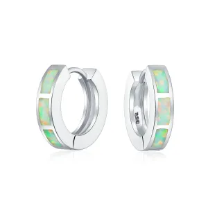White & Blue Opal Inlay Hoop Huggie Earrings Rose Gold Sterling Silver Birthstone