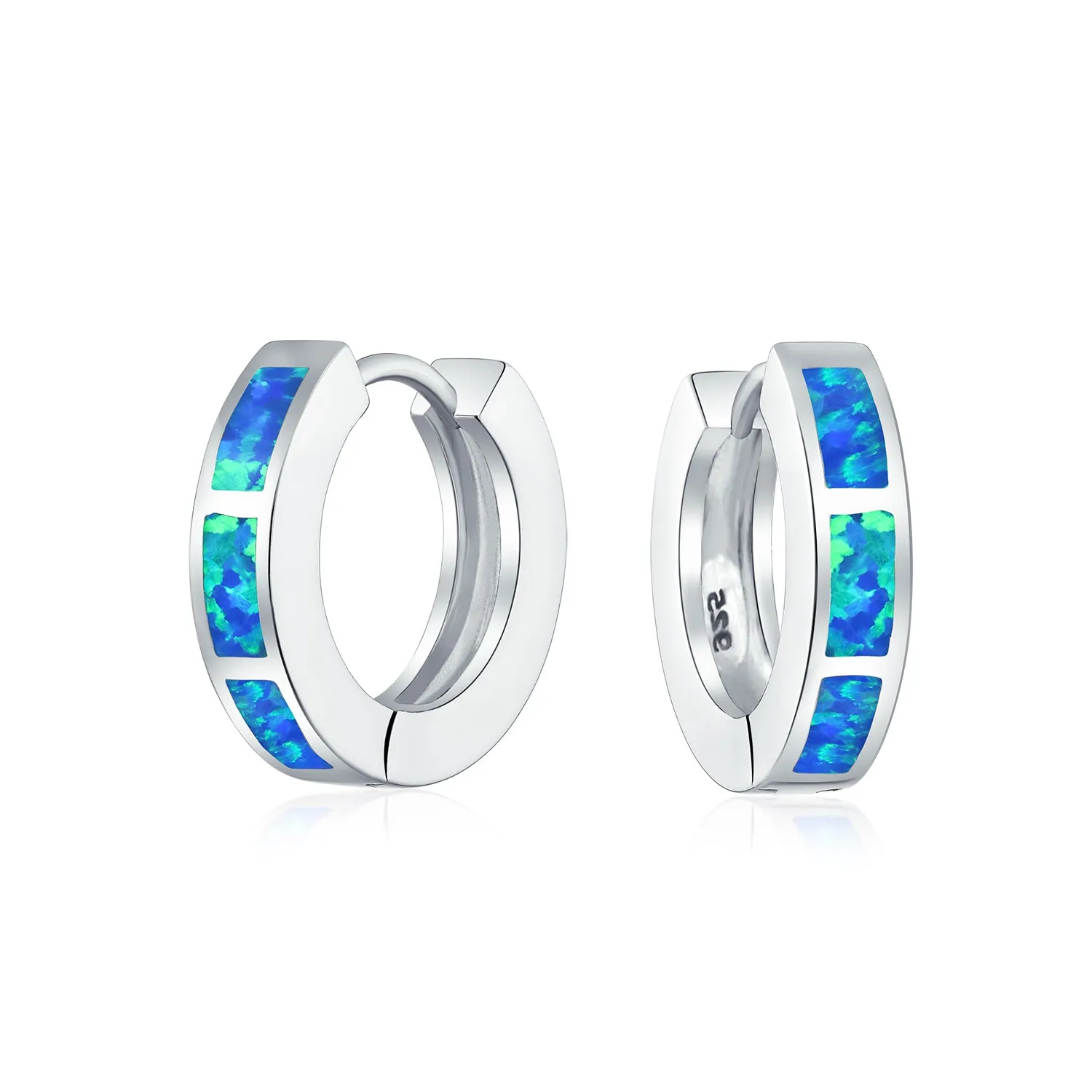White & Blue Opal Inlay Hoop Huggie Earrings Rose Gold Sterling Silver Birthstone