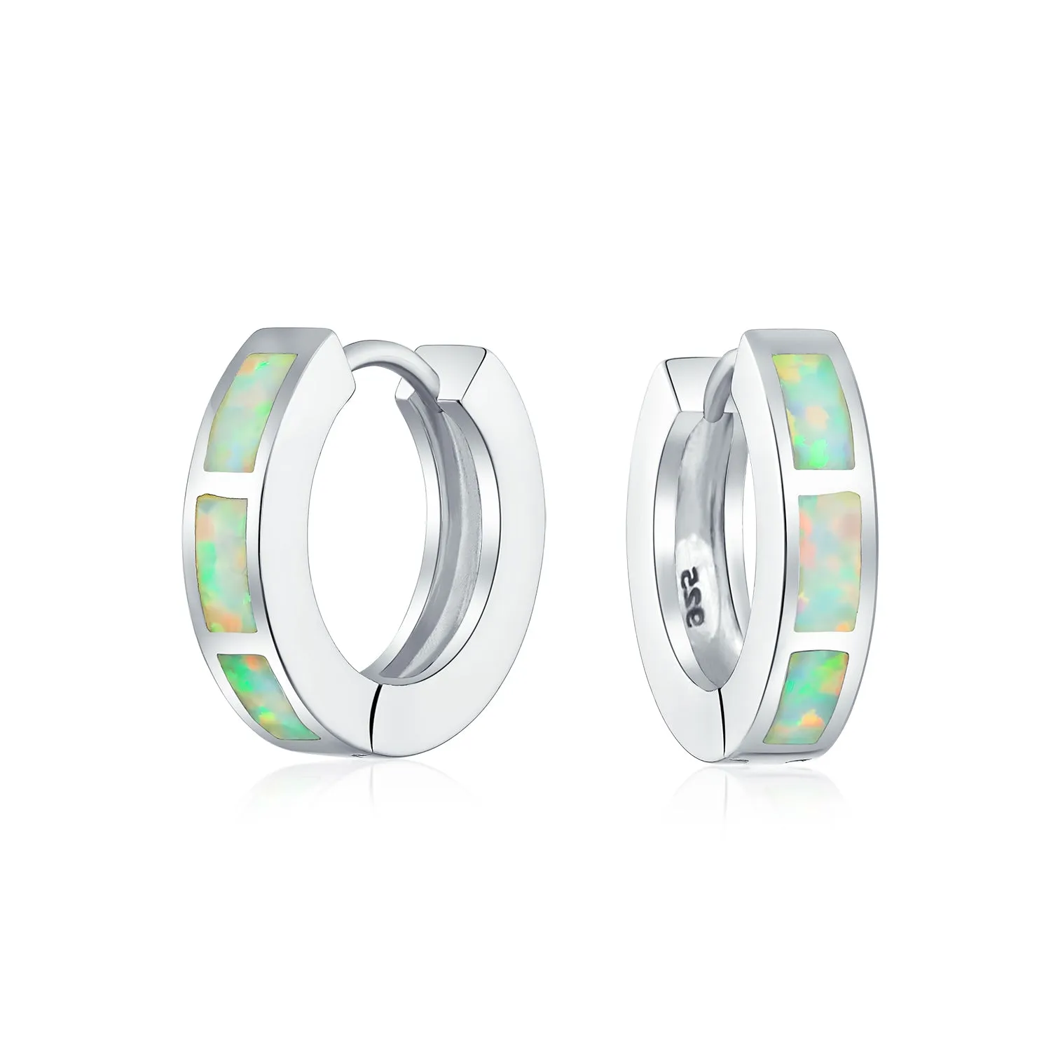 White & Blue Opal Inlay Hoop Huggie Earrings Rose Gold Sterling Silver Birthstone