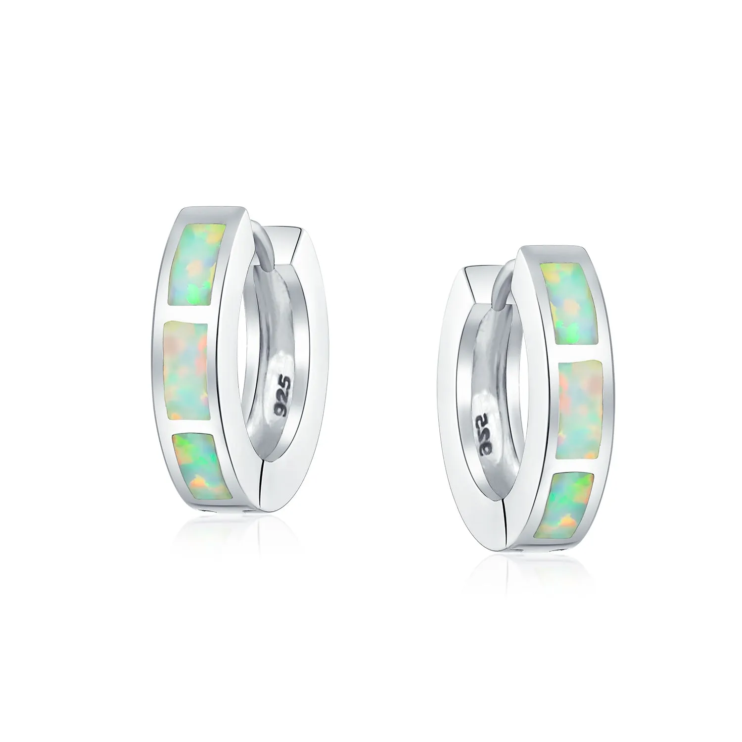 White & Blue Opal Inlay Hoop Huggie Earrings Rose Gold Sterling Silver Birthstone