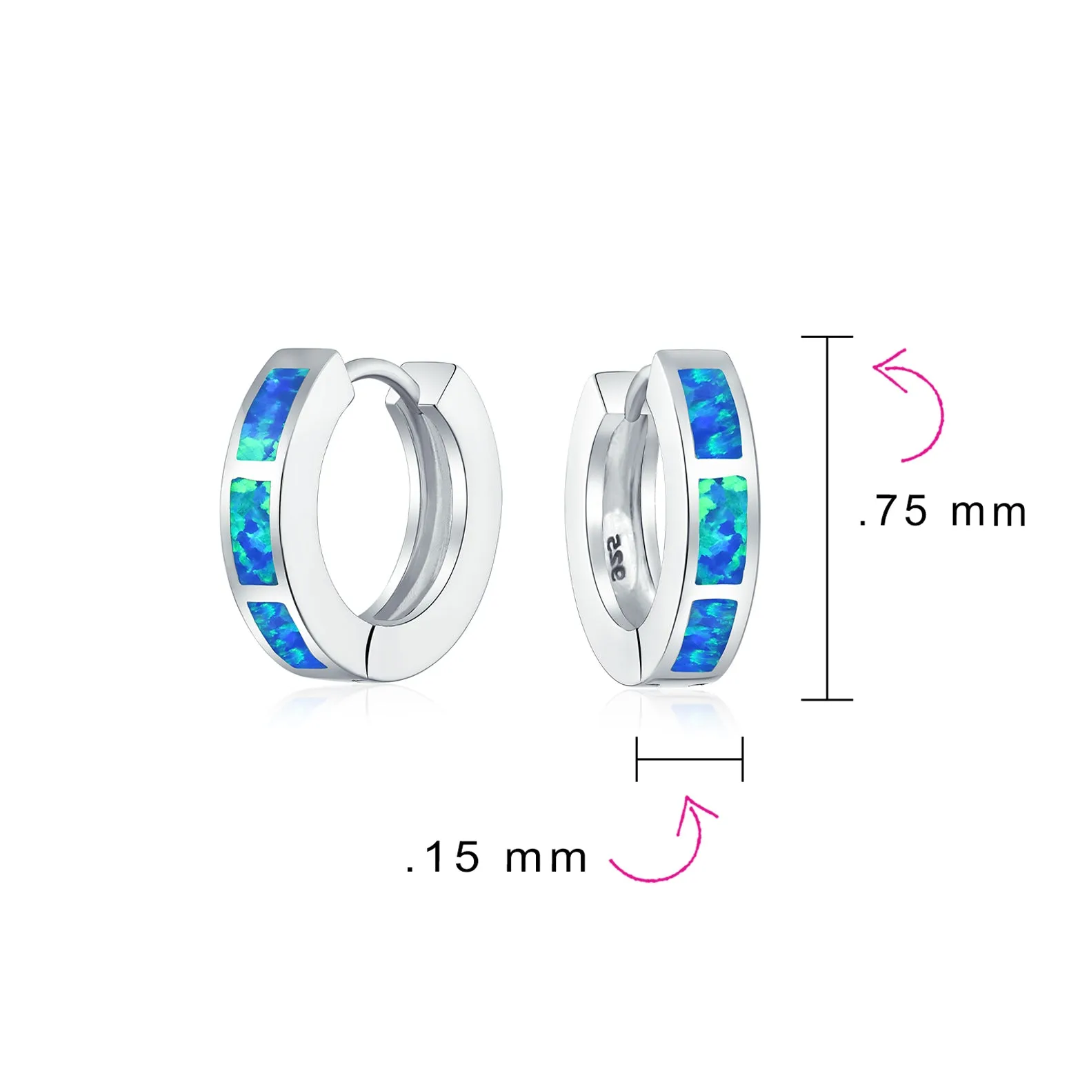 White & Blue Opal Inlay Hoop Huggie Earrings Rose Gold Sterling Silver Birthstone